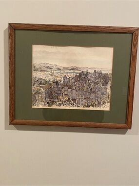 Guy Buffet Cityscape Pen & Watercolor Illustration with Green Mat